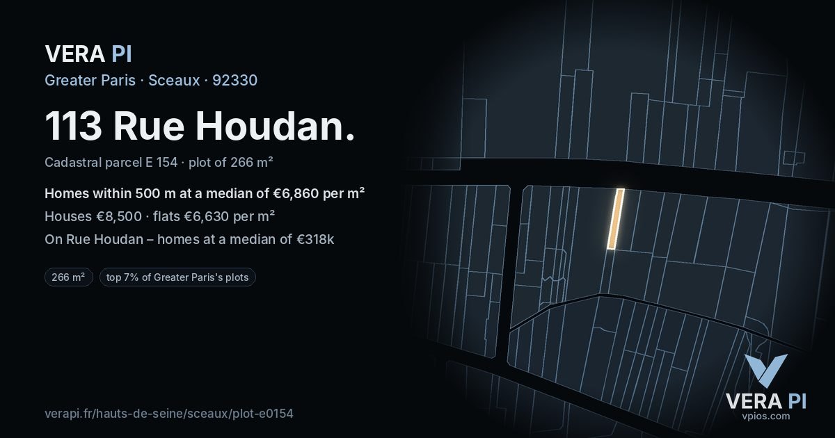 113 Rue Houdan, Sceaux at night – the plot lit, the parcels around coloured by the prices near them