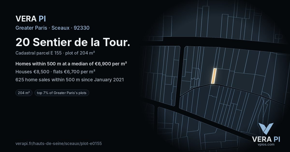 20 Sentier de la Tour, Sceaux at night – the plot lit, the parcels around coloured by the prices near them