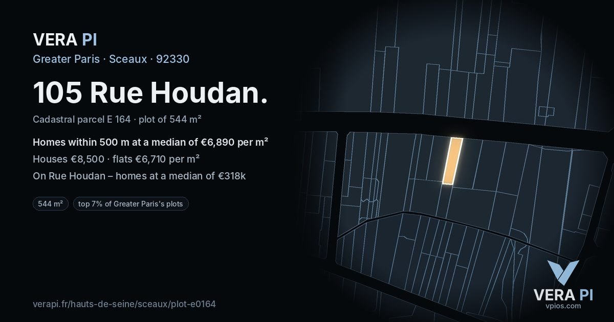 105 Rue Houdan, Sceaux at night – the plot lit, the parcels around coloured by the prices near them