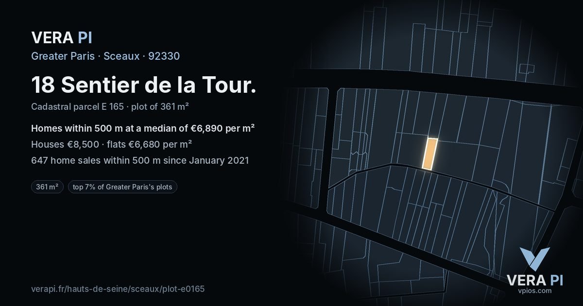 18 Sentier de la Tour, Sceaux at night – the plot lit, the parcels around coloured by the prices near them