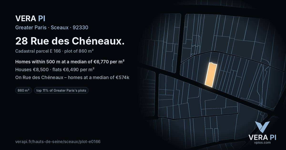 28 Rue des Chéneaux, Sceaux at night – the plot lit, the parcels around coloured by the prices near them