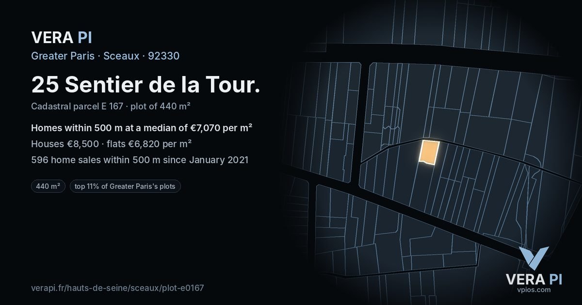 25 Sentier de la Tour, Sceaux at night – the plot lit, the parcels around coloured by the prices near them
