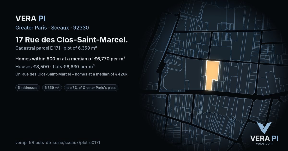 17 Rue des Clos-Saint-Marcel, Sceaux at night – the plot lit, the parcels around coloured by the prices near them