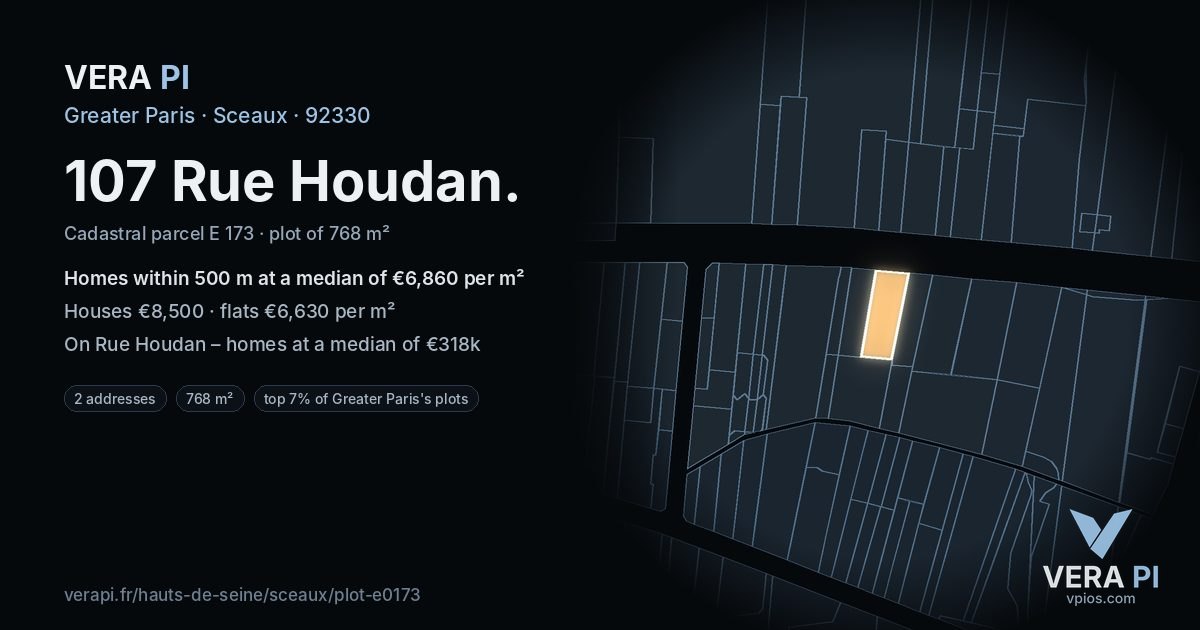 107 Rue Houdan, Sceaux at night – the plot lit, the parcels around coloured by the prices near them