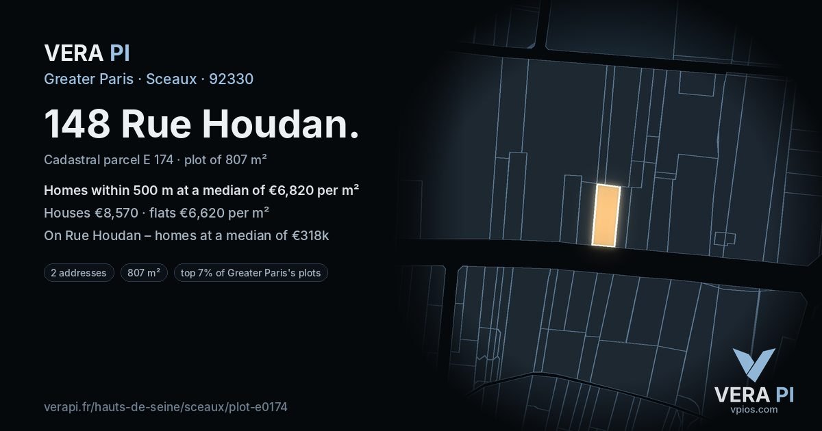 148 Rue Houdan, Sceaux at night – the plot lit, the parcels around coloured by the prices near them