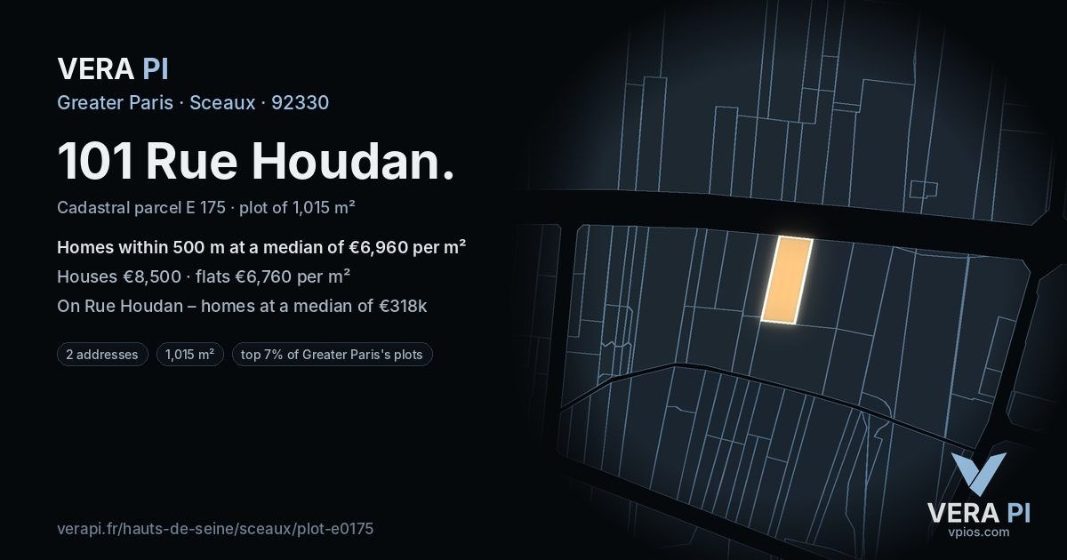 101 Rue Houdan, Sceaux at night – the plot lit, the parcels around coloured by the prices near them