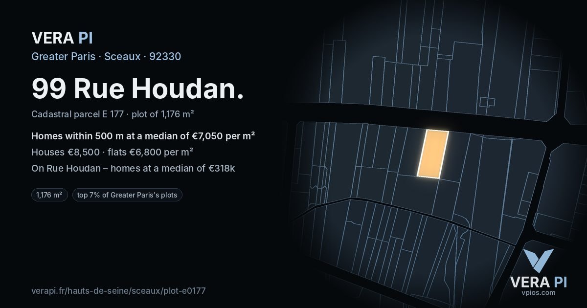 99 Rue Houdan, Sceaux at night – the plot lit, the parcels around coloured by the prices near them
