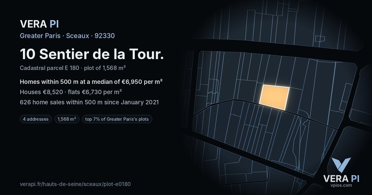 10 Sentier de la Tour, Sceaux at night – the plot lit, the parcels around coloured by the prices near them