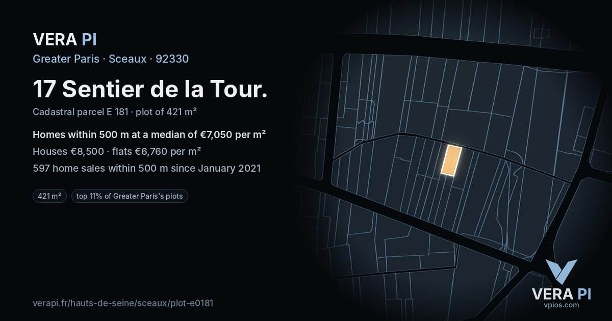 17 Sentier de la Tour, Sceaux at night – the plot lit, the parcels around coloured by the prices near them