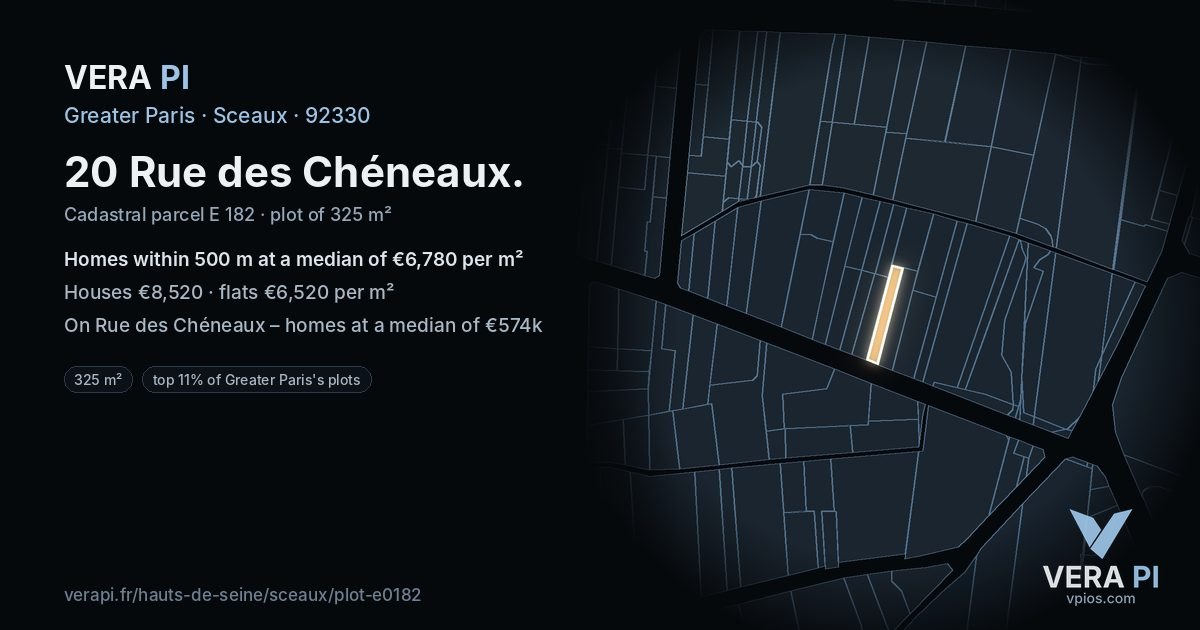 20 Rue des Chéneaux, Sceaux at night – the plot lit, the parcels around coloured by the prices near them