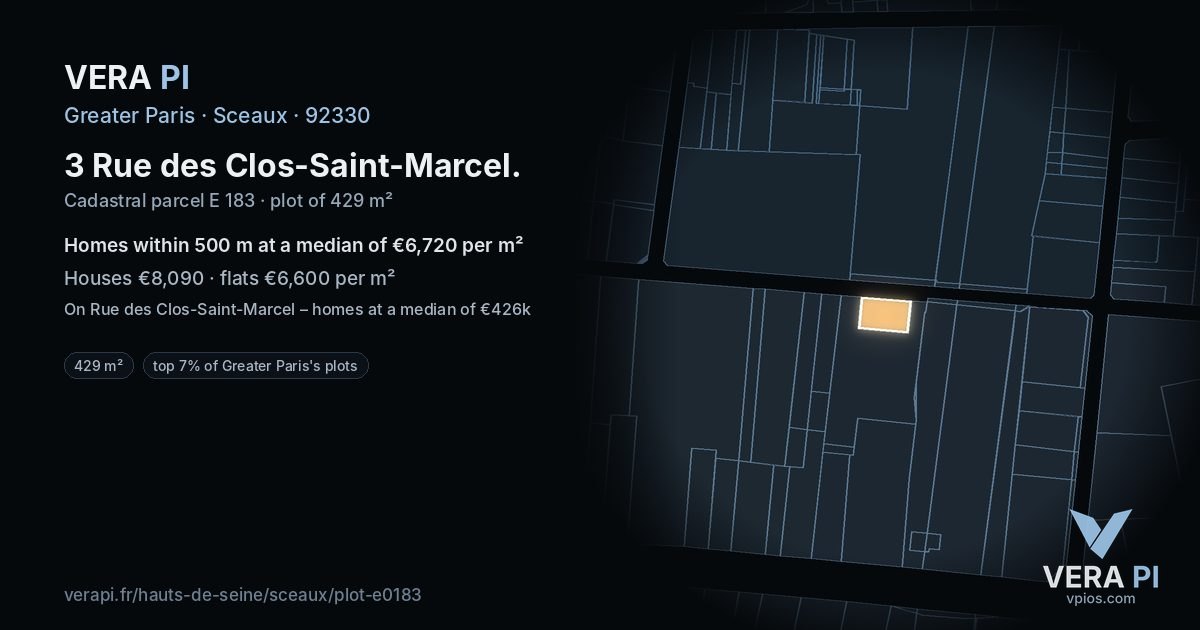3 Rue des Clos-Saint-Marcel, Sceaux at night – the plot lit, the parcels around coloured by the prices near them