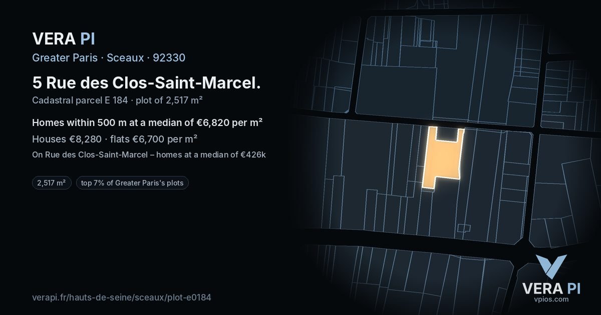 5 Rue des Clos-Saint-Marcel, Sceaux at night – the plot lit, the parcels around coloured by the prices near them