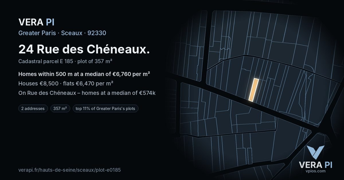 24 Rue des Chéneaux, Sceaux at night – the plot lit, the parcels around coloured by the prices near them