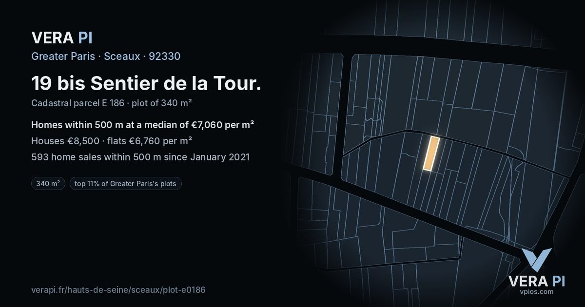 19 bis Sentier de la Tour, Sceaux at night – the plot lit, the parcels around coloured by the prices near them