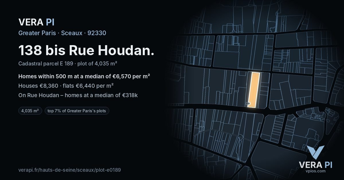 138 bis Rue Houdan, Sceaux at night – the plot lit, the parcels around coloured by the prices near them