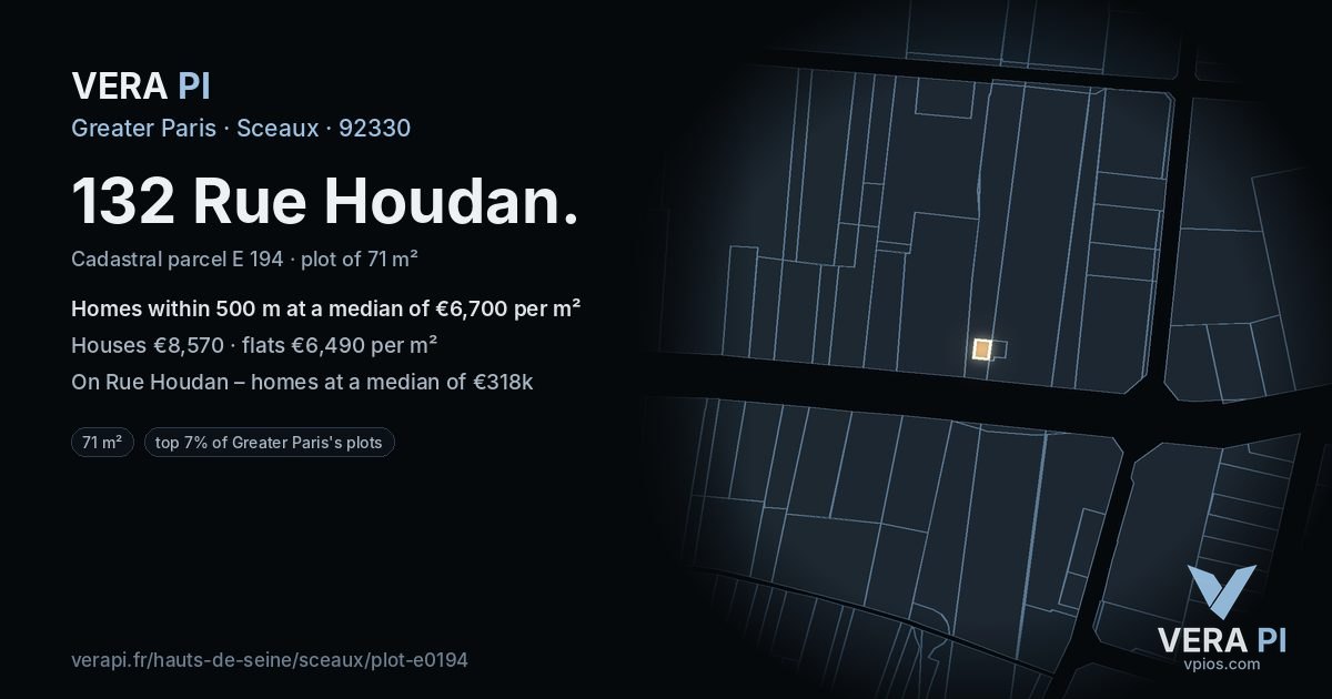 132 Rue Houdan, Sceaux at night – the plot lit, the parcels around coloured by the prices near them