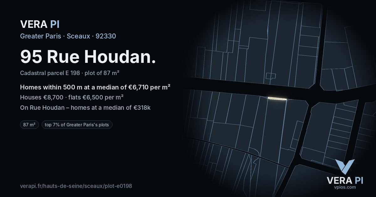 95 Rue Houdan, Sceaux at night – the plot lit, the parcels around coloured by the prices near them