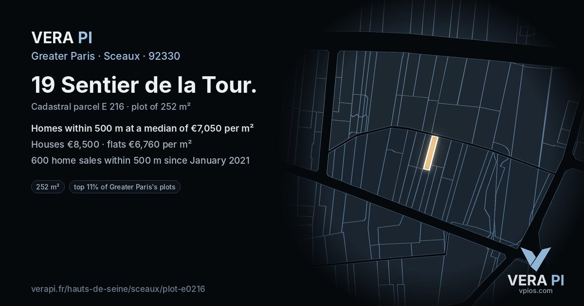 19 Sentier de la Tour, Sceaux at night – the plot lit, the parcels around coloured by the prices near them
