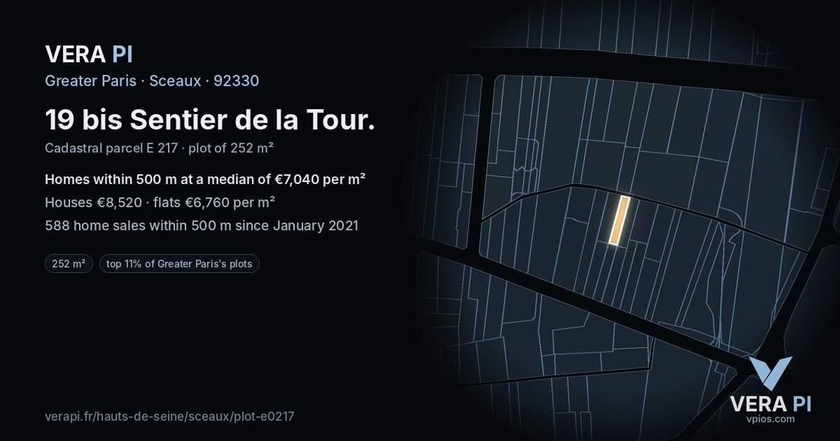 19 bis Sentier de la Tour, Sceaux at night – the plot lit, the parcels around coloured by the prices near them