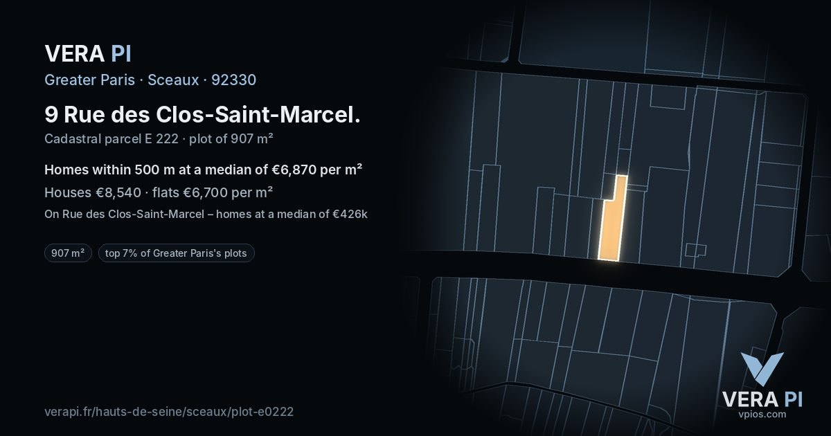 9 Rue des Clos-Saint-Marcel, Sceaux at night – the plot lit, the parcels around coloured by the prices near them