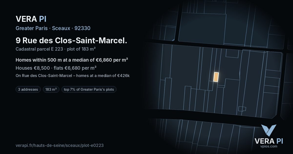 9 Rue des Clos-Saint-Marcel, Sceaux at night – the plot lit, the parcels around coloured by the prices near them