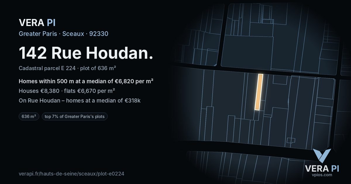 142 Rue Houdan, Sceaux at night – the plot lit, the parcels around coloured by the prices near them