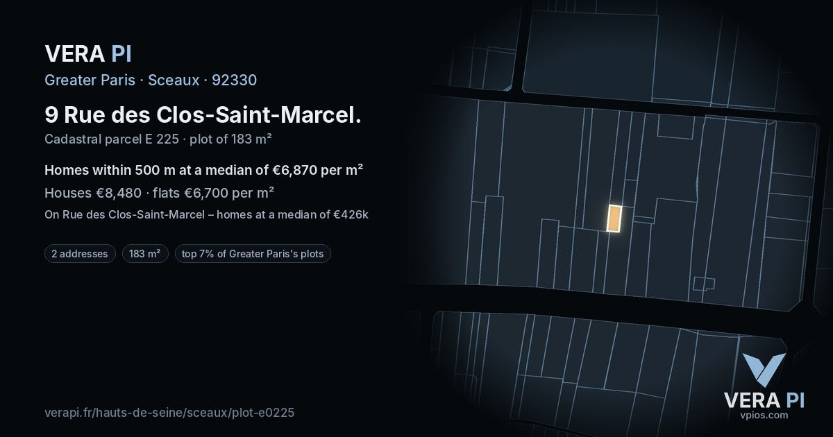 9 Rue des Clos-Saint-Marcel, Sceaux at night – the plot lit, the parcels around coloured by the prices near them