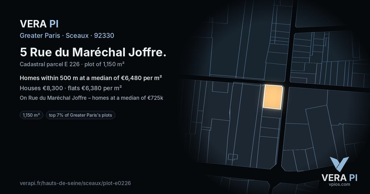 5 Rue du Maréchal Joffre, Sceaux at night – the plot lit, the parcels around coloured by the prices near them