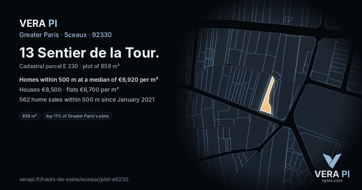 13 Sentier de la Tour, Sceaux at night – the plot lit, the parcels around coloured by the prices near them