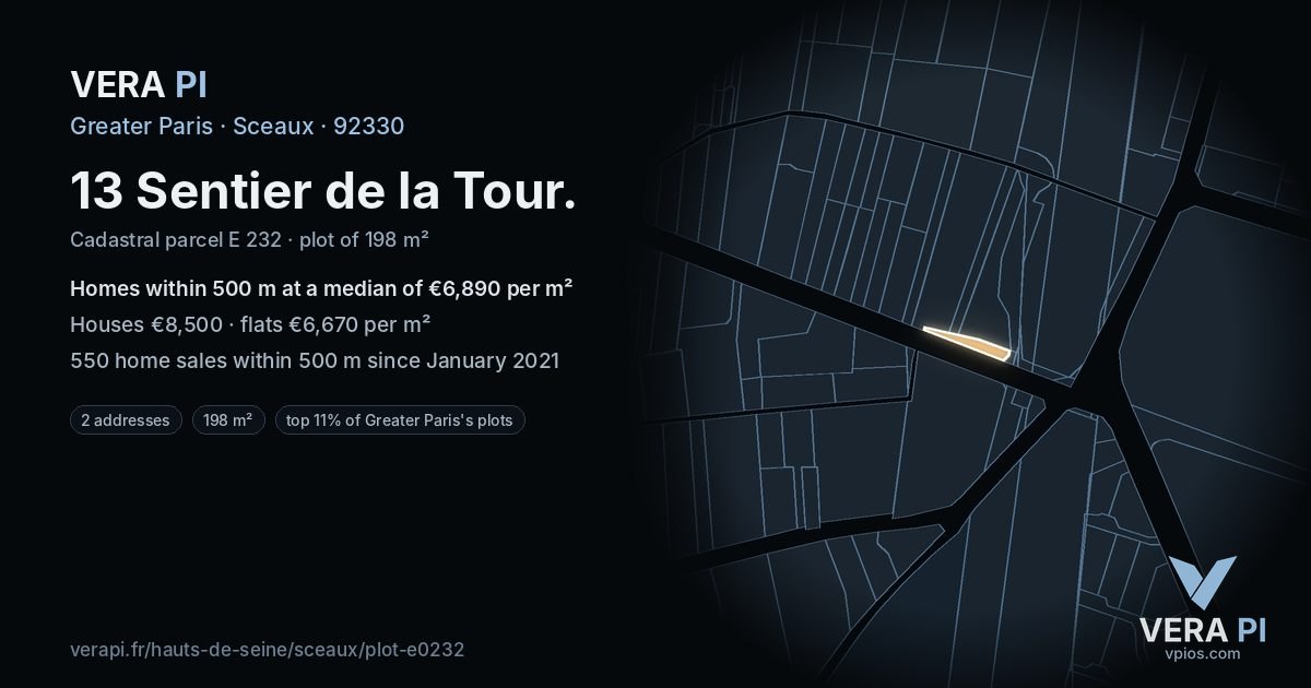13 Sentier de la Tour, Sceaux at night – the plot lit, the parcels around coloured by the prices near them