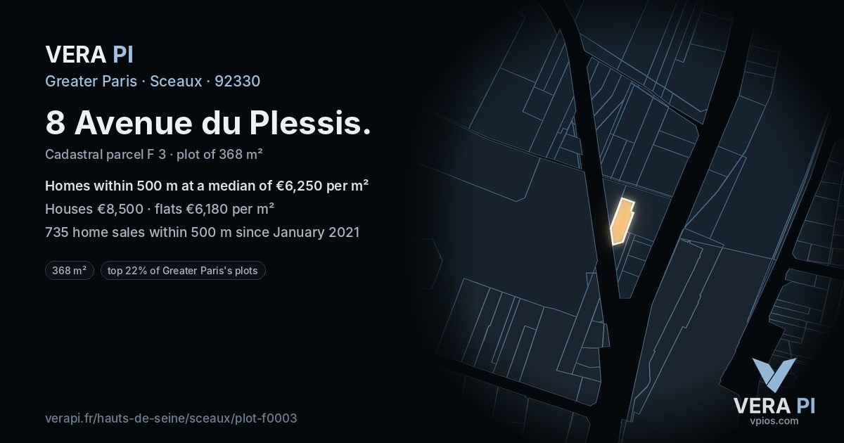 8 Avenue du Plessis, Sceaux at night – the plot lit, the parcels around coloured by the prices near them