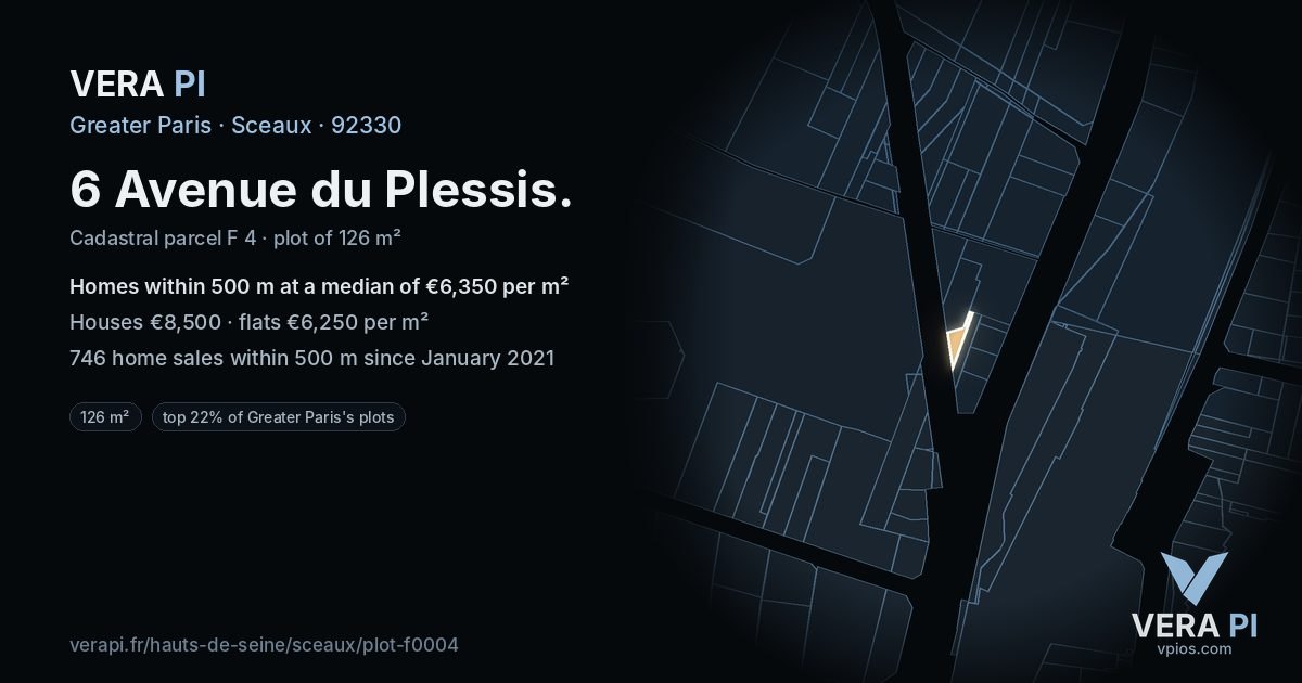 6 Avenue du Plessis, Sceaux at night – the plot lit, the parcels around coloured by the prices near them