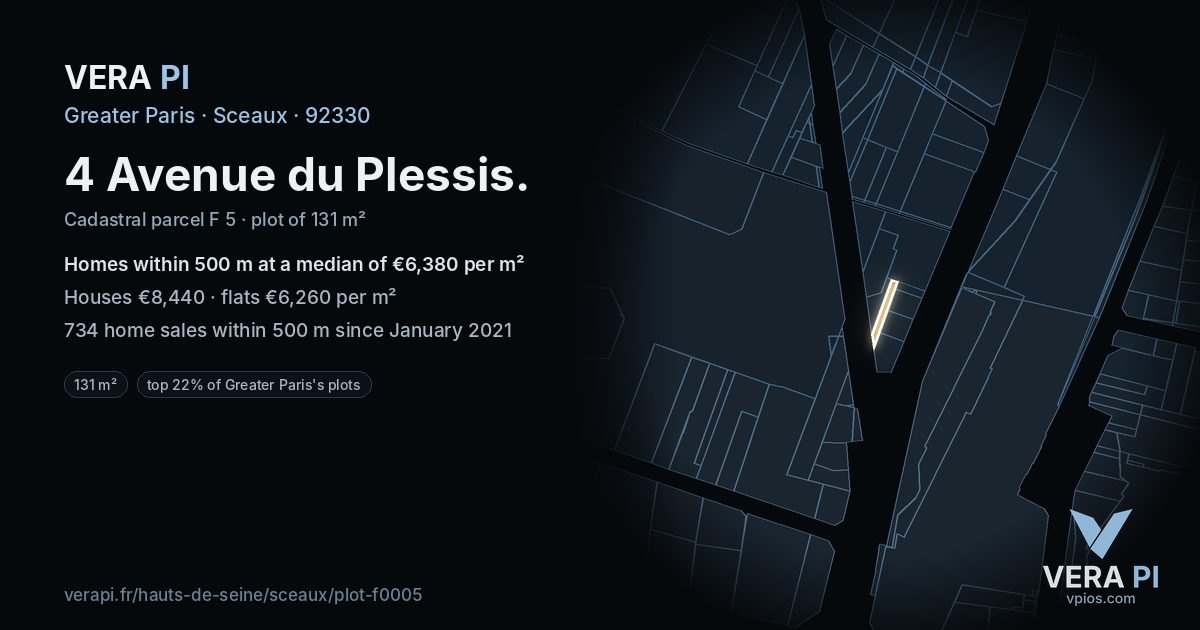 4 Avenue du Plessis, Sceaux at night – the plot lit, the parcels around coloured by the prices near them