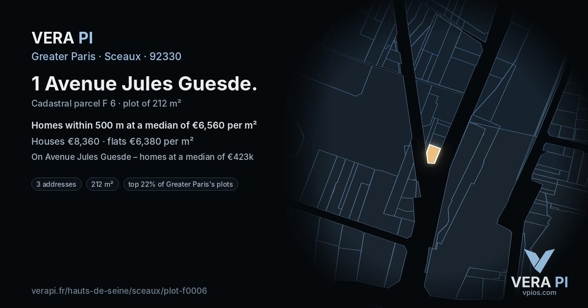 1 Avenue Jules Guesde, Sceaux at night – the plot lit, the parcels around coloured by the prices near them