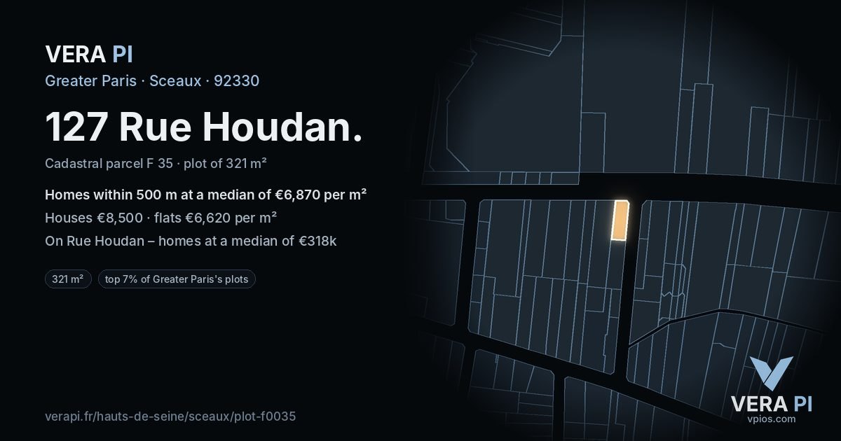 127 Rue Houdan, Sceaux at night – the plot lit, the parcels around coloured by the prices near them