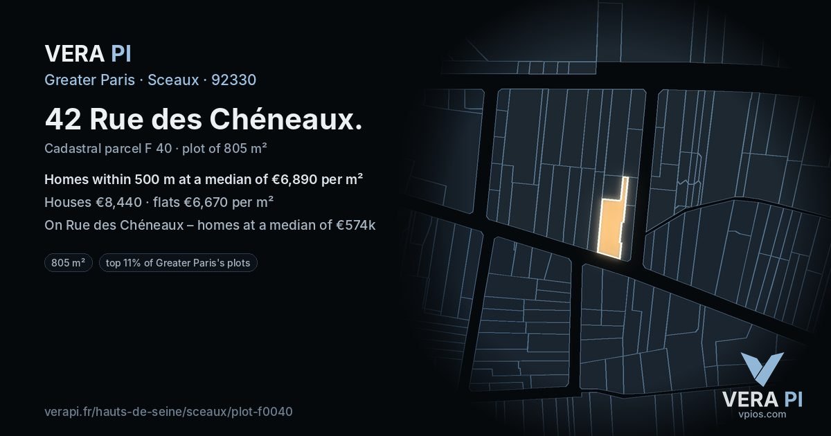 42 Rue des Chéneaux, Sceaux at night – the plot lit, the parcels around coloured by the prices near them