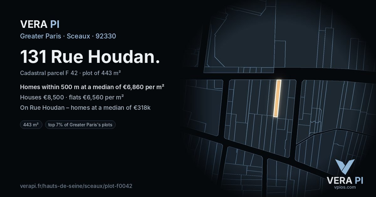 131 Rue Houdan, Sceaux at night – the plot lit, the parcels around coloured by the prices near them