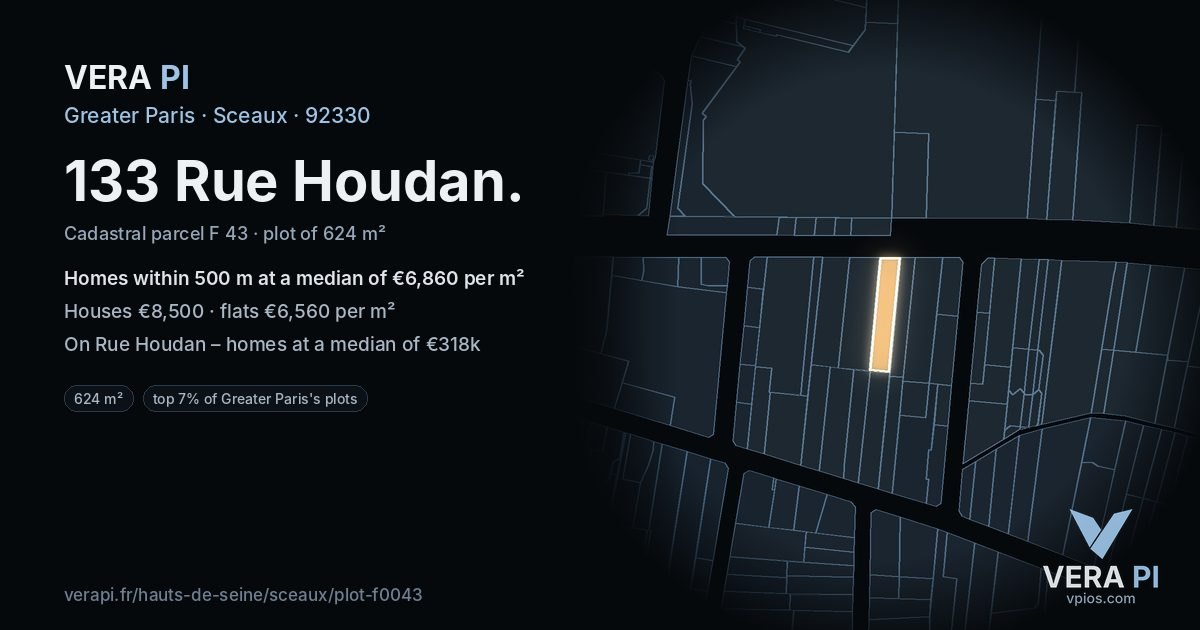 133 Rue Houdan, Sceaux at night – the plot lit, the parcels around coloured by the prices near them