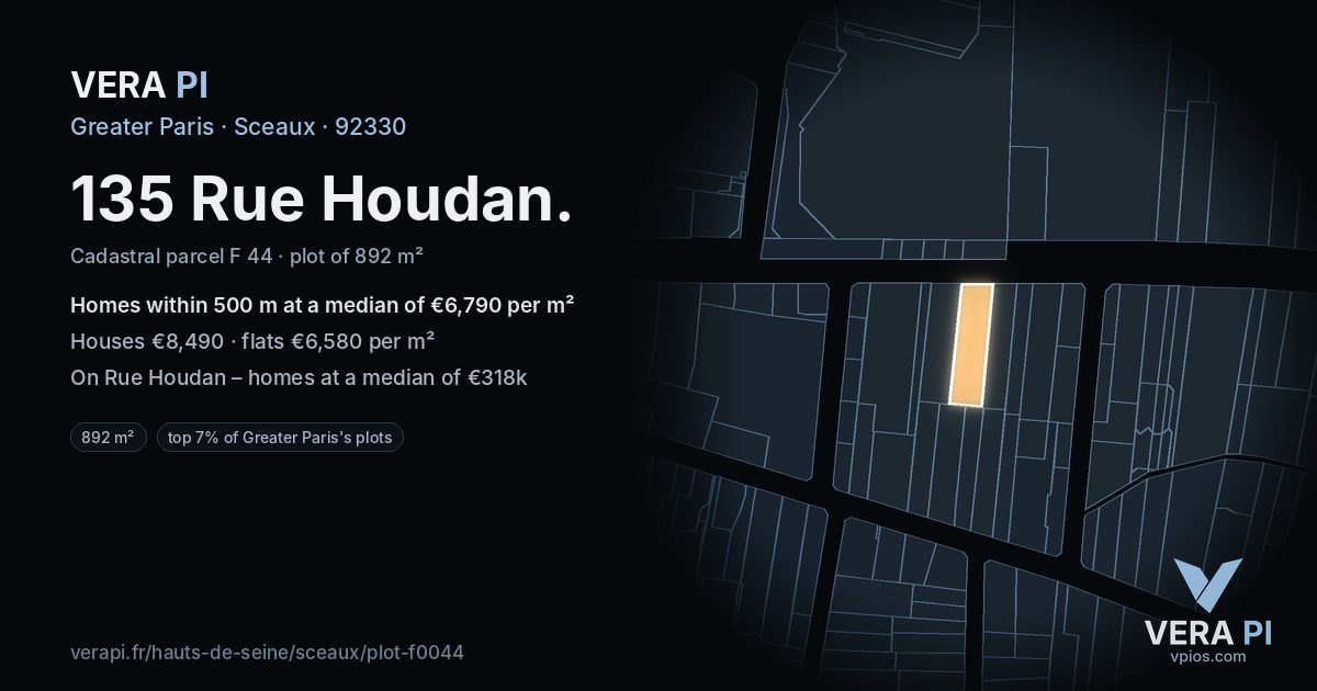 135 Rue Houdan, Sceaux at night – the plot lit, the parcels around coloured by the prices near them