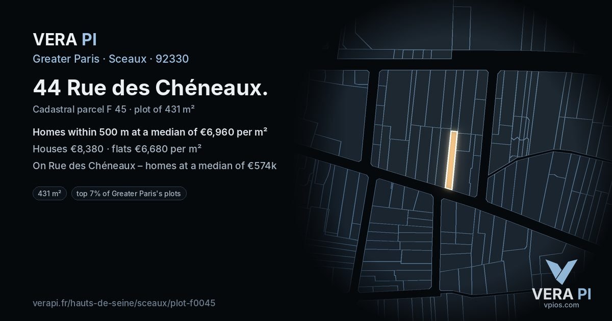 44 Rue des Chéneaux, Sceaux at night – the plot lit, the parcels around coloured by the prices near them