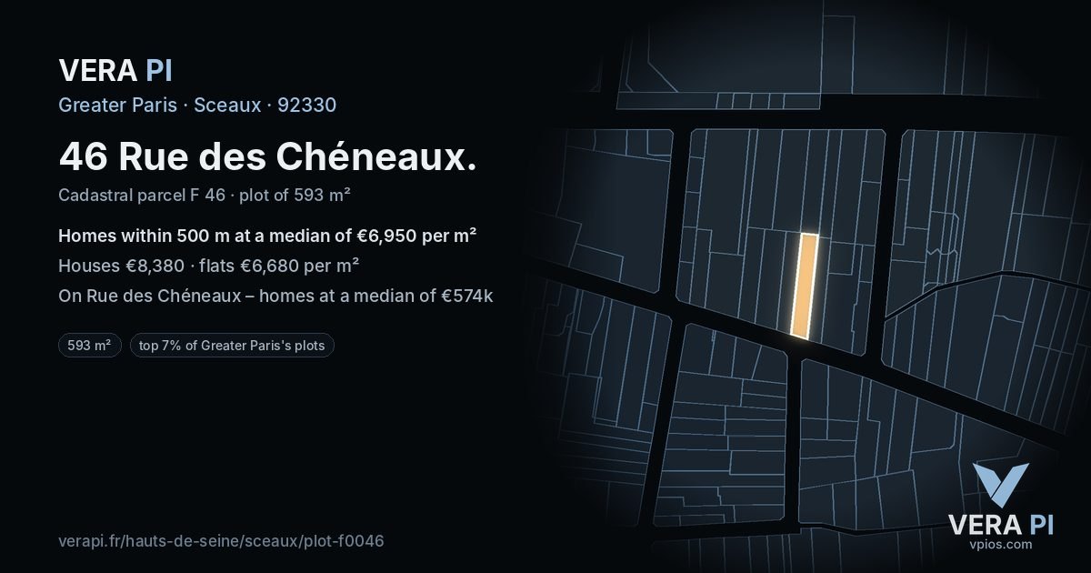 46 Rue des Chéneaux, Sceaux at night – the plot lit, the parcels around coloured by the prices near them