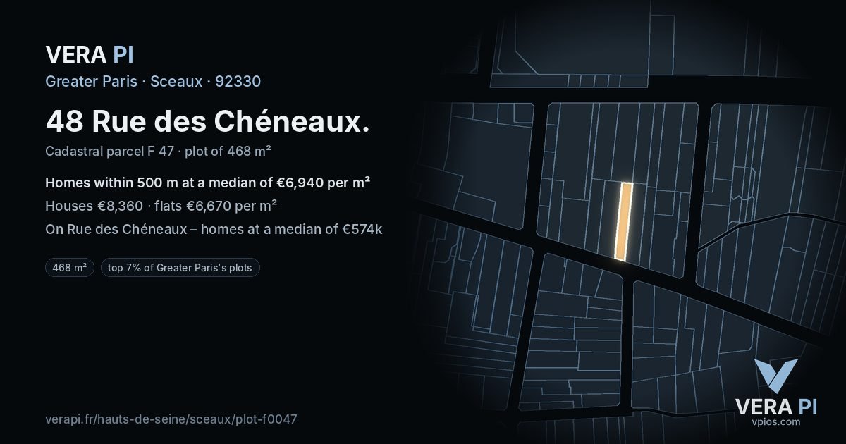 48 Rue des Chéneaux, Sceaux at night – the plot lit, the parcels around coloured by the prices near them