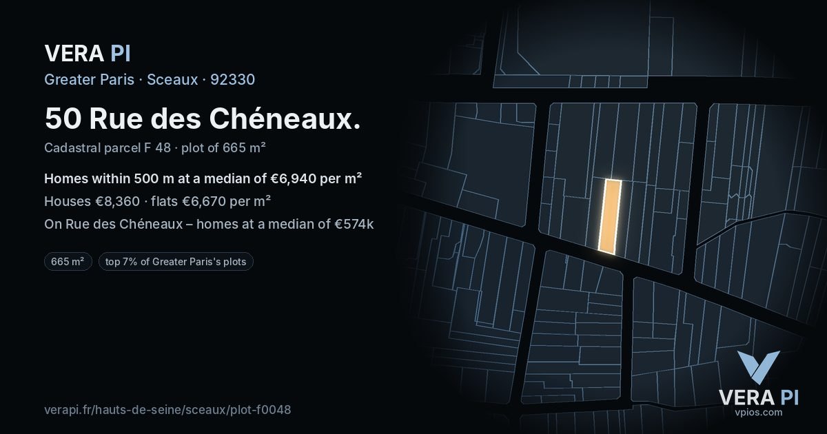 50 Rue des Chéneaux, Sceaux at night – the plot lit, the parcels around coloured by the prices near them