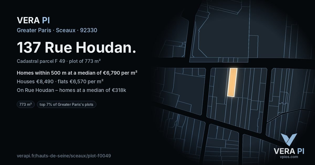 137 Rue Houdan, Sceaux at night – the plot lit, the parcels around coloured by the prices near them