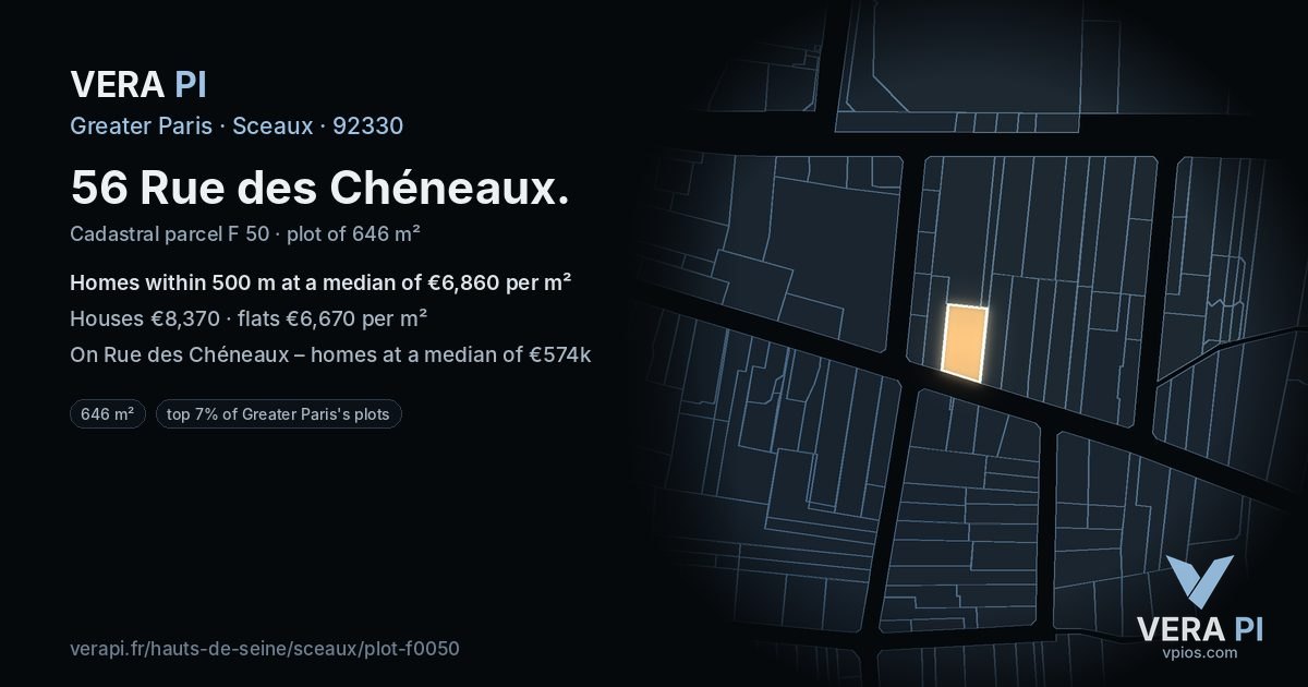 56 Rue des Chéneaux, Sceaux at night – the plot lit, the parcels around coloured by the prices near them