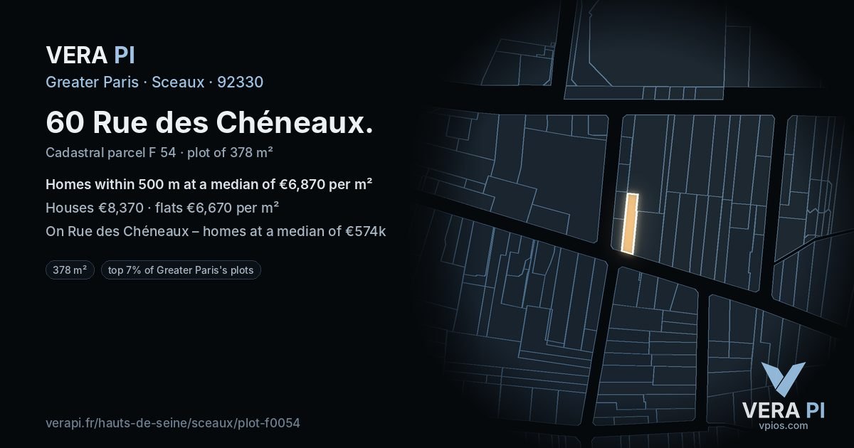 60 Rue des Chéneaux, Sceaux at night – the plot lit, the parcels around coloured by the prices near them