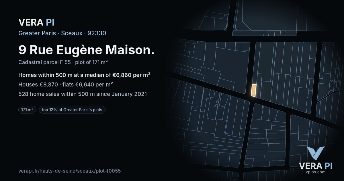 9 Rue Eugène Maison, Sceaux at night – the plot lit, the parcels around coloured by the prices near them