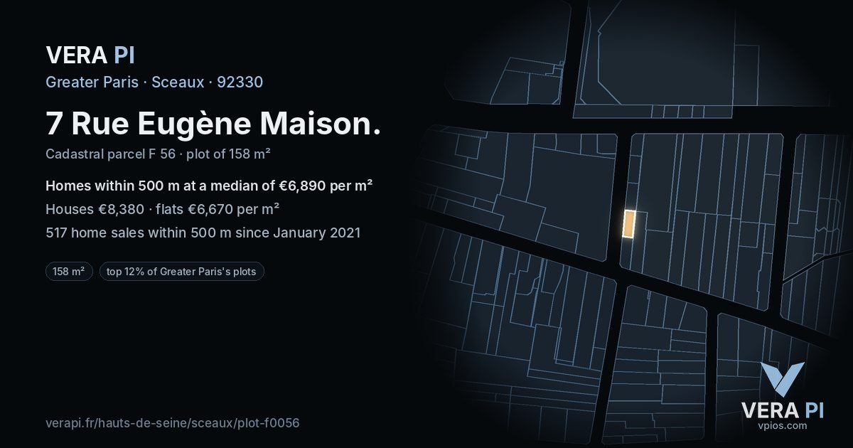 7 Rue Eugène Maison, Sceaux at night – the plot lit, the parcels around coloured by the prices near them