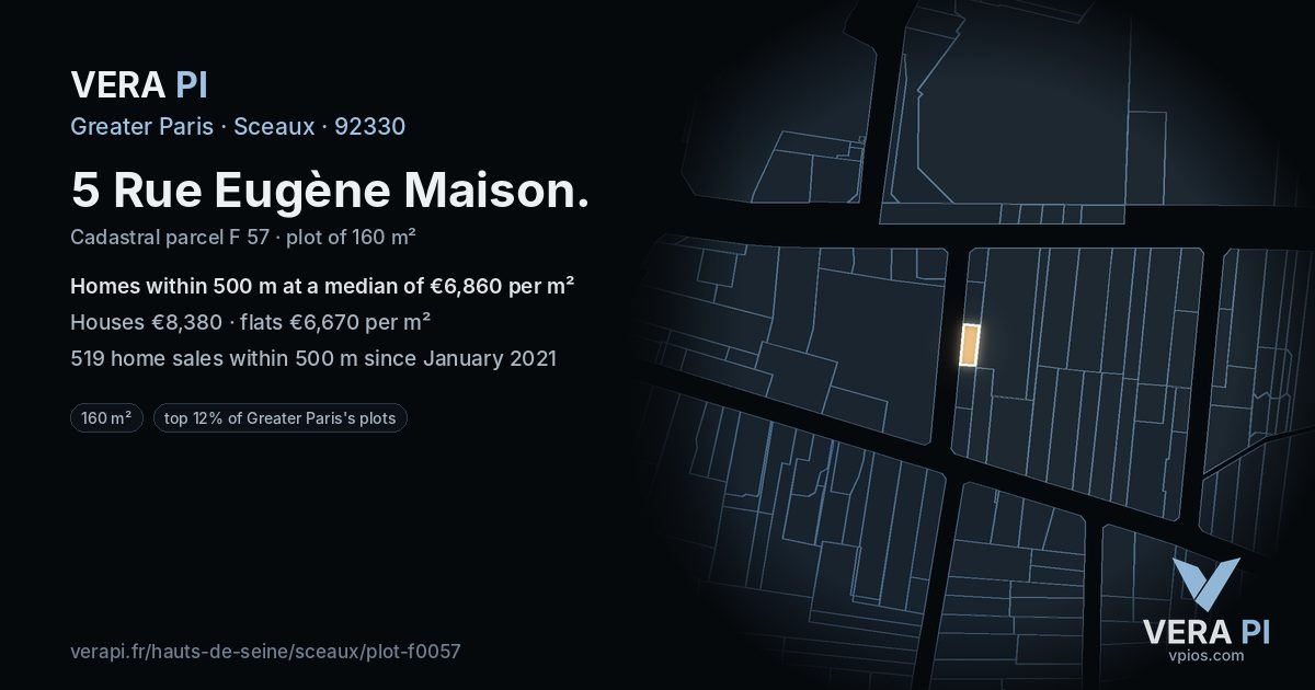 5 Rue Eugène Maison, Sceaux at night – the plot lit, the parcels around coloured by the prices near them