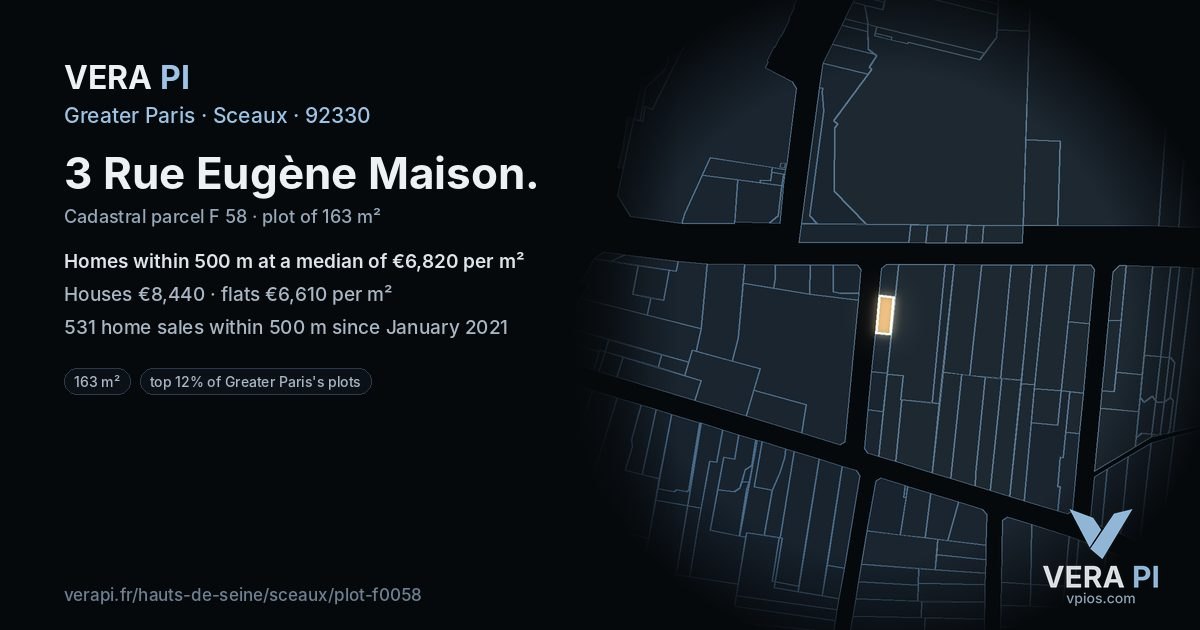 3 Rue Eugène Maison, Sceaux at night – the plot lit, the parcels around coloured by the prices near them
